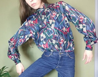 Vintage 80s Abstract Artsy Print Blouse s m