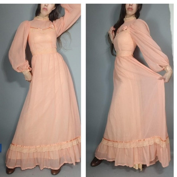 Vintage 70s Romantic Dress Handmade Blouson Orange Maxi Dress xs s