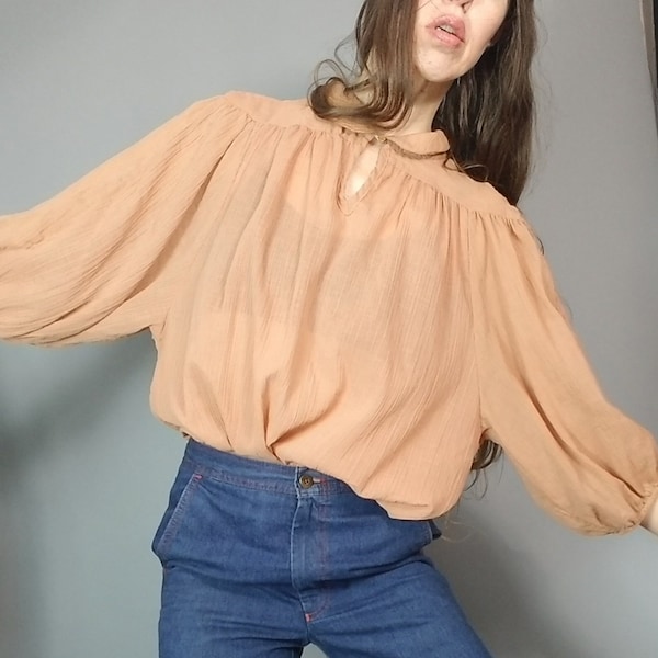 Vintage 70s 80s Balloon Sleeve Batwing Blouse Peasant Bohemian Earthy Color s m l