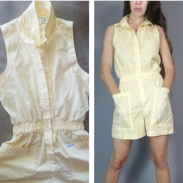 Vintage 80s Romper Shorts Onesie Pale Yellow Sleeveless Crisp Cotton Sporty Preppy s m