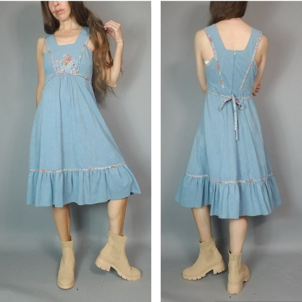 Vintage 70s Dress Jody T Baby Blue Floral Bib Boho Dress s