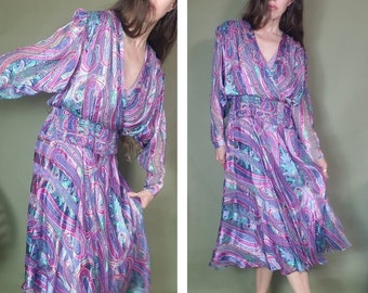 Vintage 80s Silk Farm Dress Bohemian Paisley Flowy Dress m