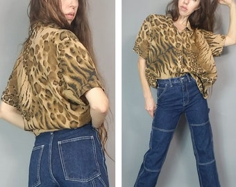 Vintage 90s Linen Blouse Animal Print Made in the USA l