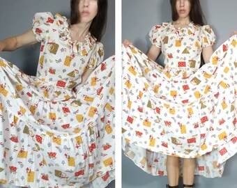 Vintage 30s Handmade Dress Puff Sleeve Novelty Print Full Sweeping Skirt Gown xxs xs