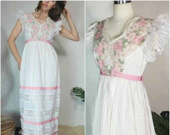 Vintage 60s Romantic Dress Victor Costa Dress White Pink Wedding Ruffle Summer Party Romantic Bohemian Gown Lace
