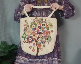 Hippie 90s Does 70s Tote Bag Flower Child Owls Colorful Rope Handles