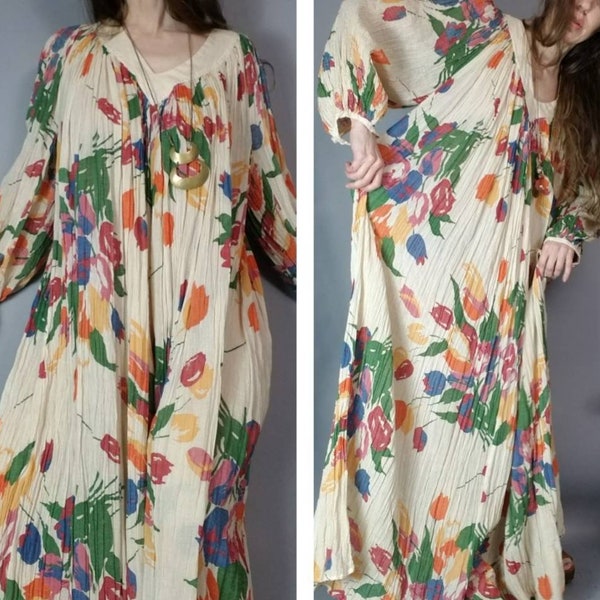 Vintage 70s Hippie Dress Amerikan Climax Cotton Gauze Print Bohemian Gown s m l xl