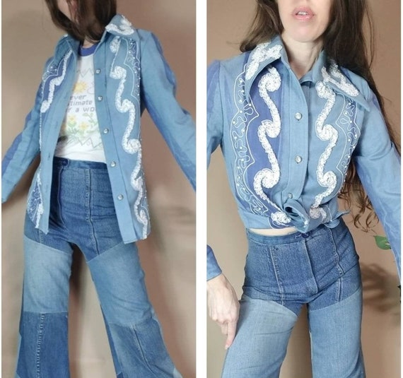 Vintage 60s 70s Hippie Denim Shirt Art 