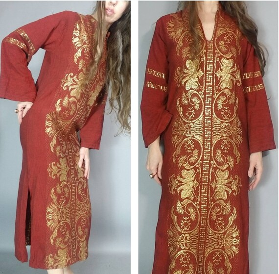 Vintage 70s 80s Greek Kaftan Dress Burgundy Bohem… - image 6