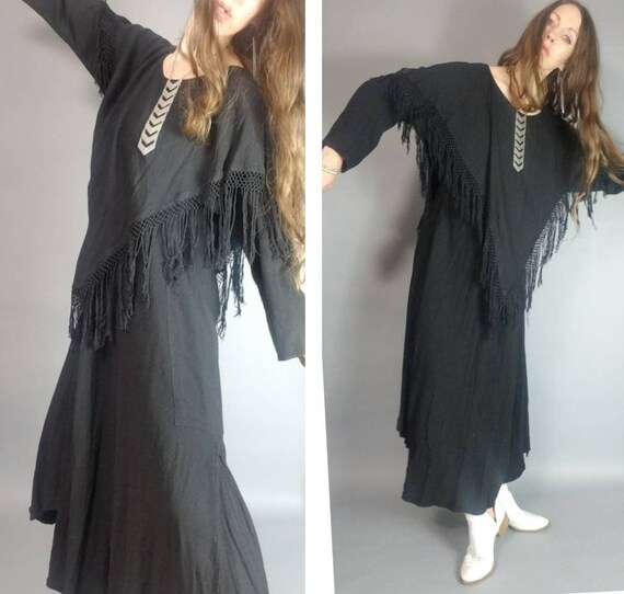Vintage 80s 90s Moroccan Dress Black Drapey Bohem… - image 3