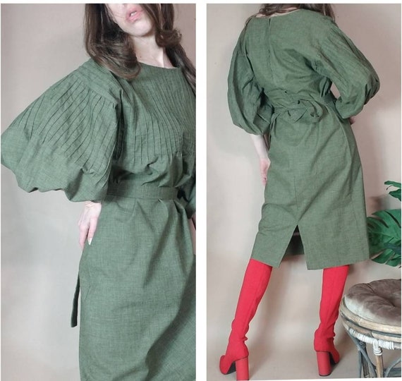 Vintage 70s 80s Balloon Sleeve Olive Green Drab Mi