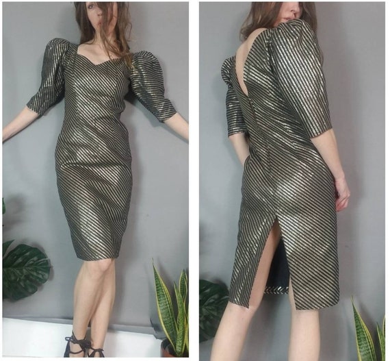 Party Time Vintage 80s Black Gold Metallic Dress … - image 9