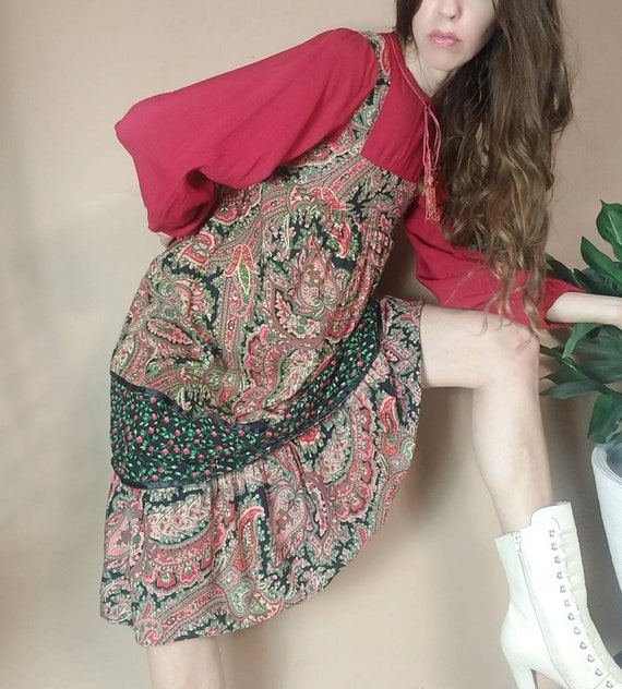 Vintage 70s Hippie Folk Peasant Dress xs