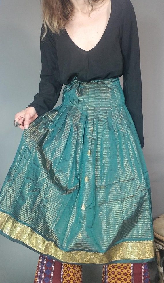 90s Vintage Boho Skirt Green Gold Full Skirt Meta… - image 5
