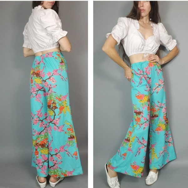 Vintage 70s Pant High Waist Pull On Botanical Cherry Blossom Hippie Boho Wide Leg Pant s m