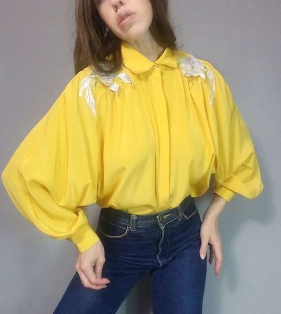 Vintage 80s Blouse Yellow Balloon Poet Sleeve Appl