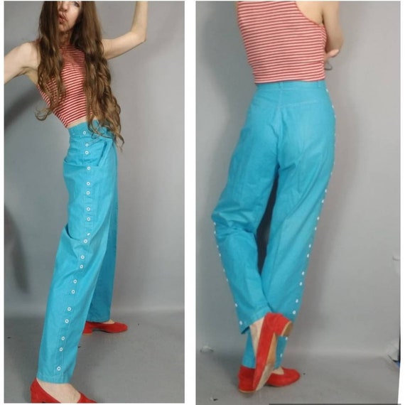 Vintage 80s Pants Blue High Waisted Trouser Button De… - Gem
