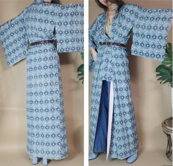 Vintage Kimono Blue Floral Duster free size - image 4