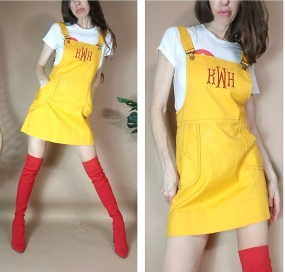 Vintage 60s 70s Apron Dress Suspender Overall Mini