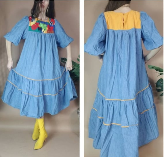 Vintage 80s Dress Puff Sleeve Sack Dress Tropical