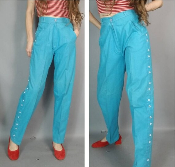 Vintage 80s Pants Blue High Waisted Trouser Button De… - Gem Vintage 80s Pants Blue High Waisted Trouser Button De… - Gem