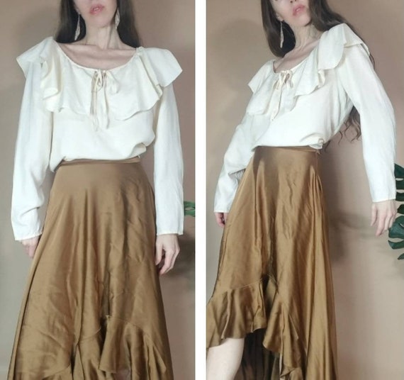 Vintage 80s Silk Romantic Ruffle Cream Blouse Pira