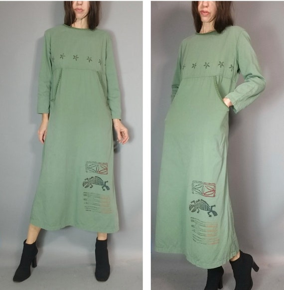 Vintage 80s 90s Sage Green Cotton Dress with Pocke