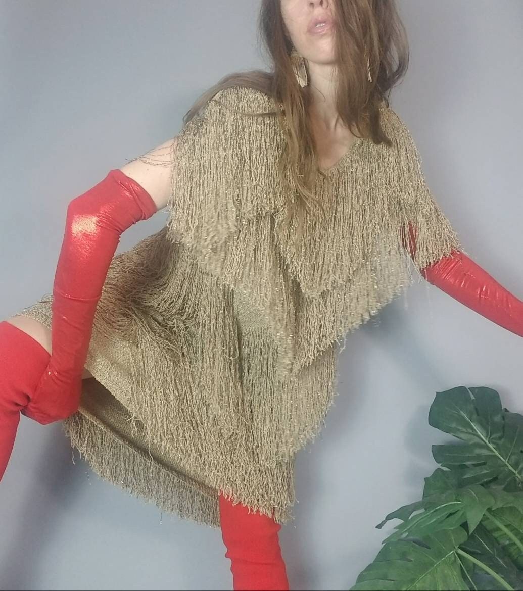 Vintage 80s Gold Fringe Dress Hand Loomed Knit Brenda French