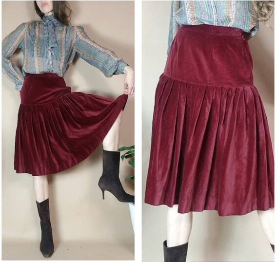 Vintage 80s Blood Red Velvet Designer Skirt xs s - image 2
