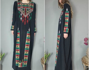 Vintage Ethnic Maxi Caftan Dress Embroidery Long Sleeve Bohemian Gown Multicolor l