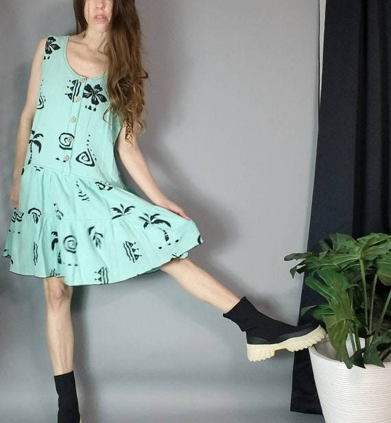 Vintage 80s 90s Cotton Print Sea Foam Dress s m - image 2