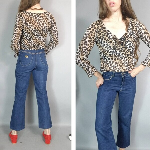 Y2K Pleated Chiffon Leopard Mock Neck (L)