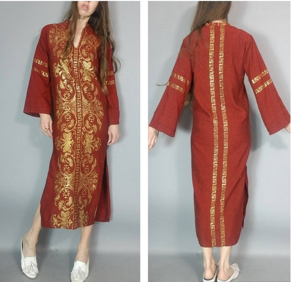 Vintage 70s 80s Greek Kaftan Dress Burgundy Bohem… - image 2