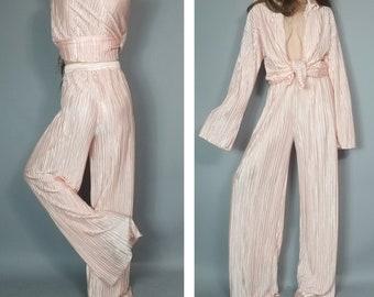 Vintage 80s 90s Plisse Pale Pink Pleated Open Top and Palazzo Pant Set s tall