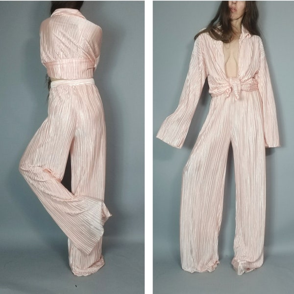 Vintage 80s 90s Plisse Pale Pink Pleated Open Top and Palazzo Pant Set s tall