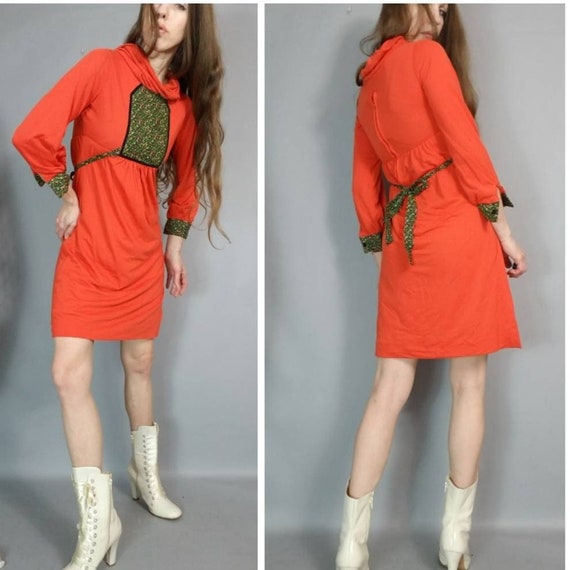 Vintage 60s 70s Mod Hippie Cowl Neck Jersey Dress… - image 1