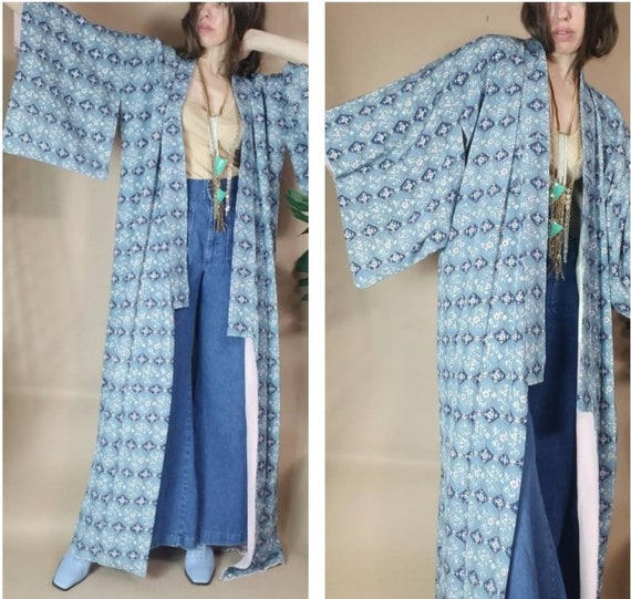 Vintage Kimono Blue Floral Duster free size - image 3