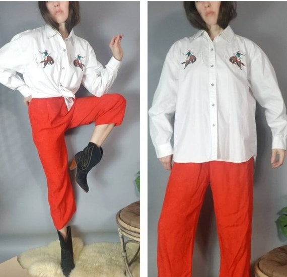 Vintage 90s White Cotton Blouse Stallion Cactus Ri