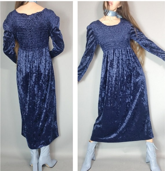 Vintage 90s Navy Velvet Smocked Sack Dress m - image 7