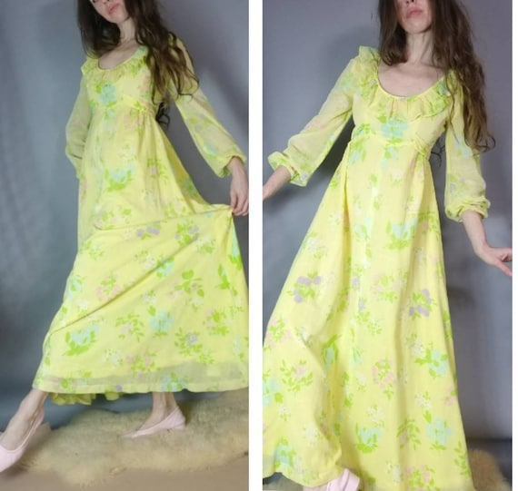 Vintage 70s Hippie Dress Yellow Floral Prairie Max