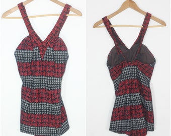 Vintage 60s 70s Knit Bathing Suit Roses One Piece Maillot Swimwear Swimsuit