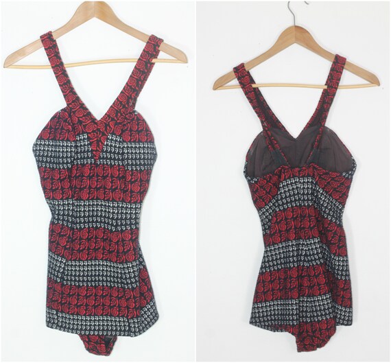 Vintage 60s 70s Knit Bathing Suit Roses One Piece