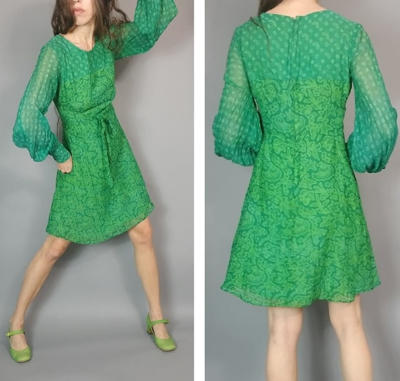 Vintage 60s Mod Green Dress s - image 1