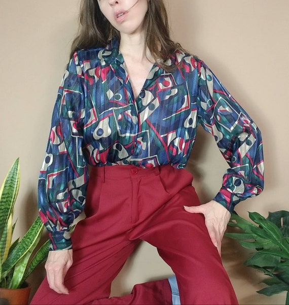 Vintage 80s Abstract Artsy Print Blouse s m - image 3