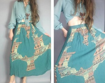 Vintage 90s Skirt Southwestern Indonesian Lightweight Summer Maxi Skirt xs s