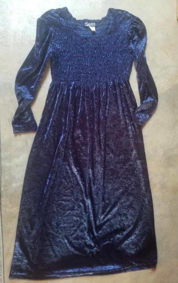 Vintage 90s Navy Velvet Smocked Sack Dress m - image 3