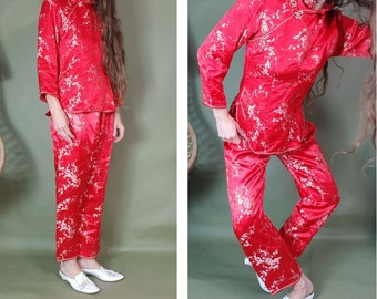 Vintage Red Chinese Pajamas Matching Top Pant Set xs s