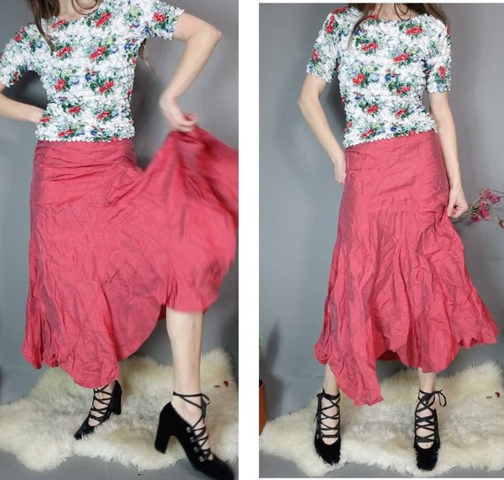Vintage 90s y2k Skirt Candy Apple Red Silk Ruffle