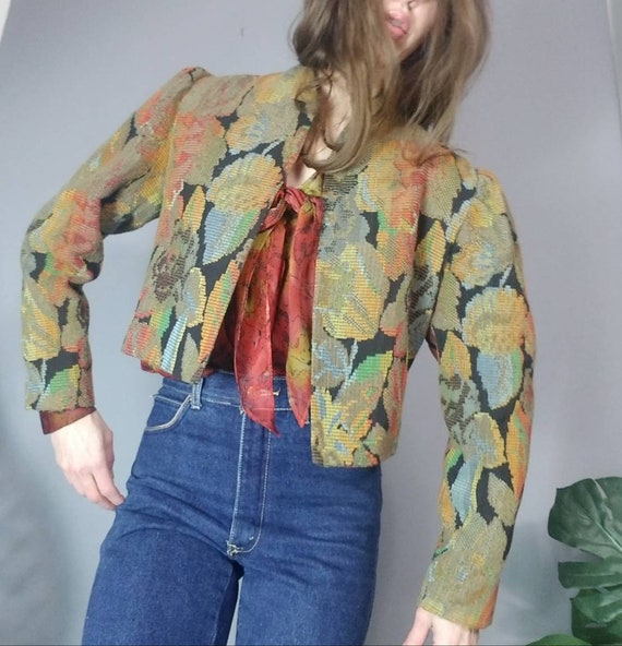 Vintage Tapestry Jacket 80s Floral Embroidered Ja… - image 1