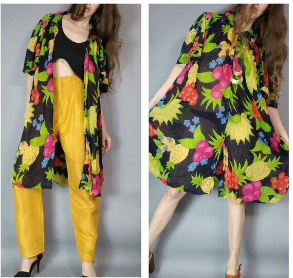 Vintage Gauze Dress Black Colorful Floral Pineappl